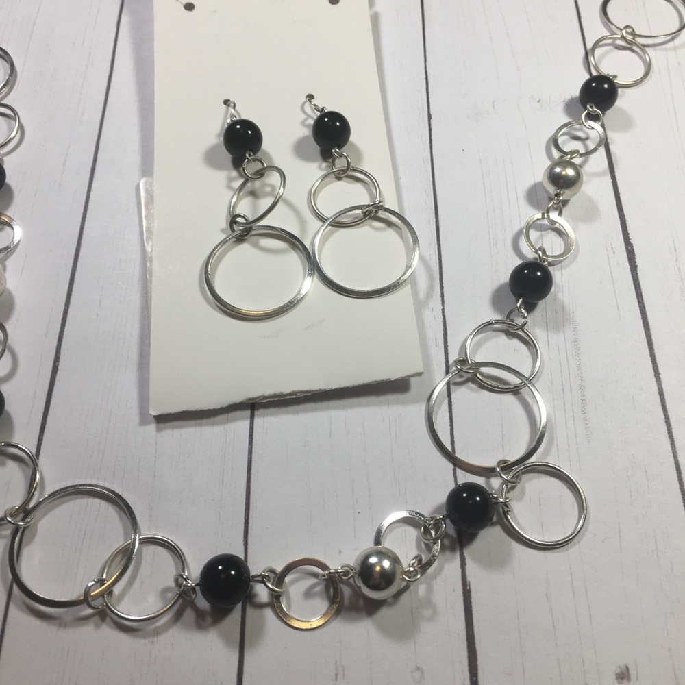 Blacks and silver necklace and earring set